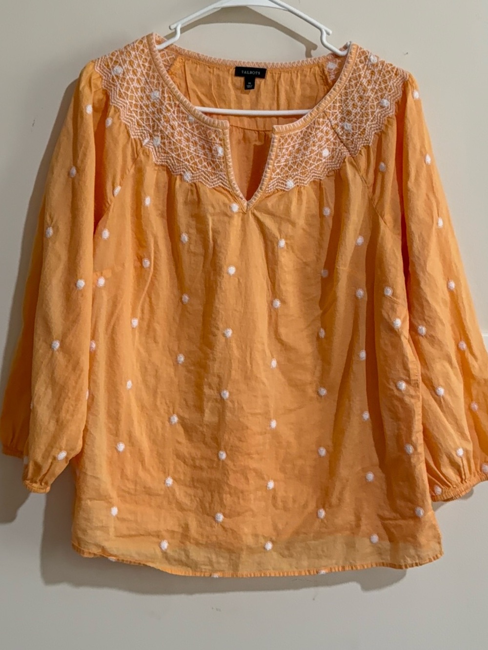Talbots Peach Orange Embroidered Peasant Blouse